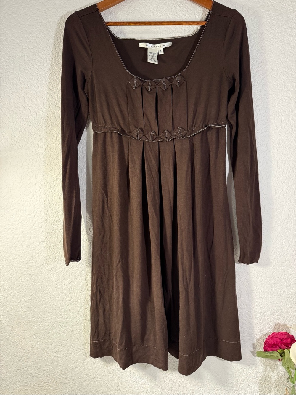 Max Studio Brown Long Sleeve Empire Waist Dress S Y2K Fairy Indie Boho Western